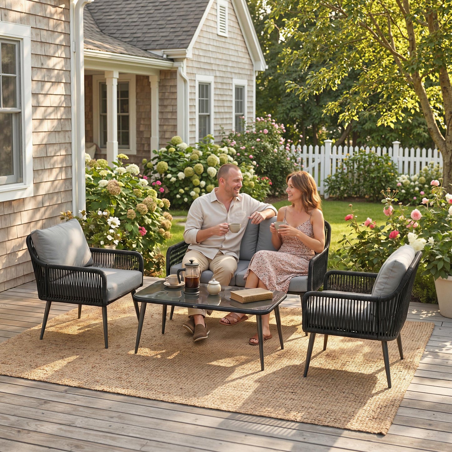Outsunny Rattan Garden Furniture Set 4 Piece Outdoor Patio Set With Tempered Glass Table And Cushioned Chairs