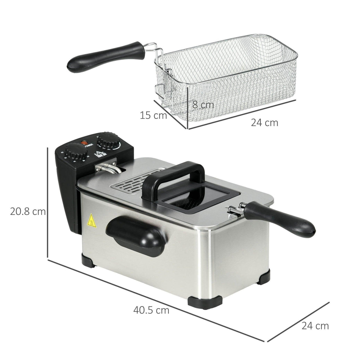Stainless steel deep fat fryer with black handles and mesh basket, with size guide