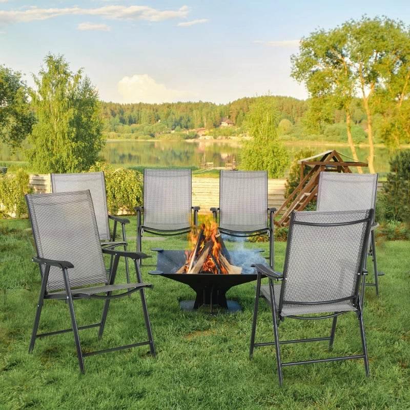 Grey folding garden chair with breathable mesh seat and black metal frame