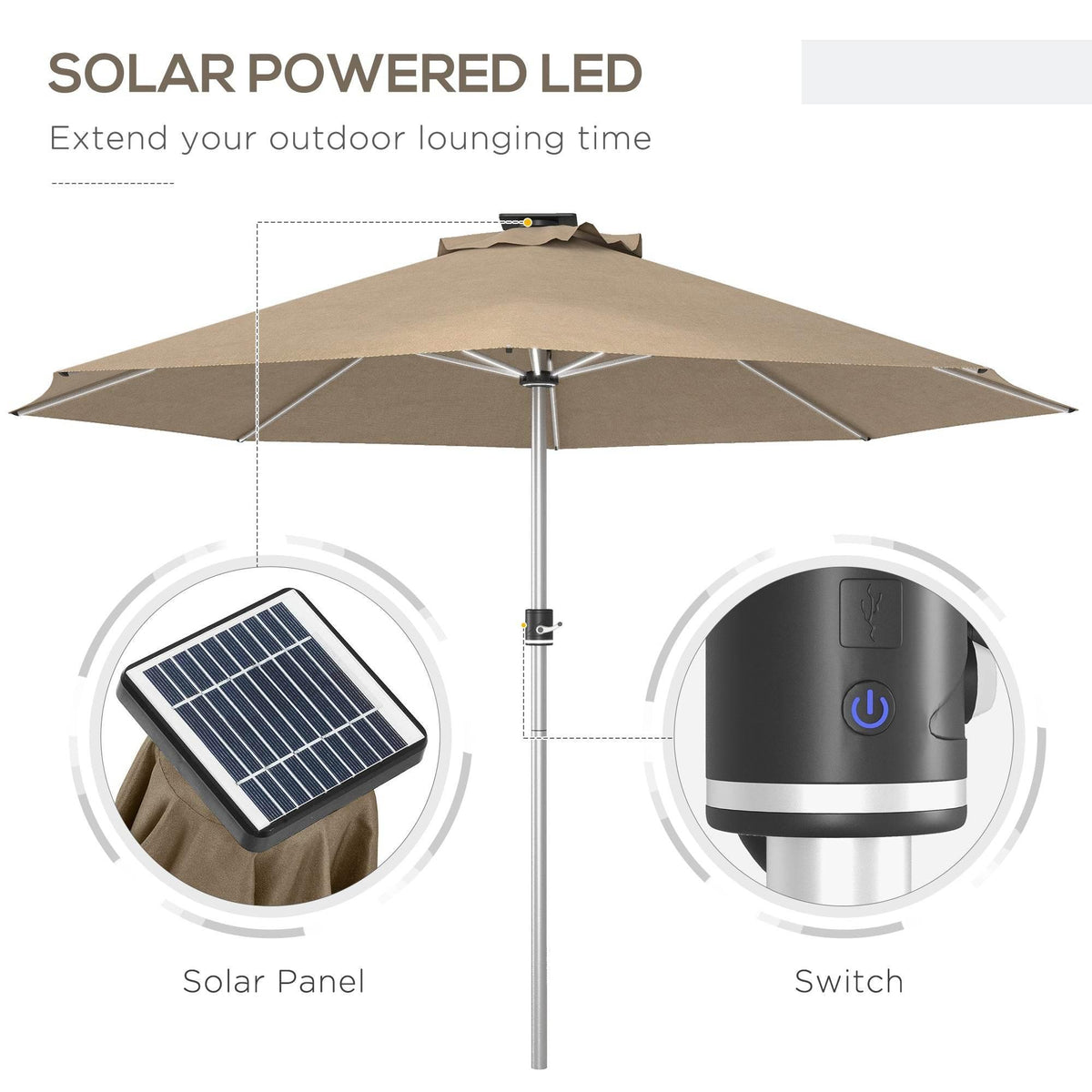 Khaki solar LED patio umbrella with solar panel and light switch controls