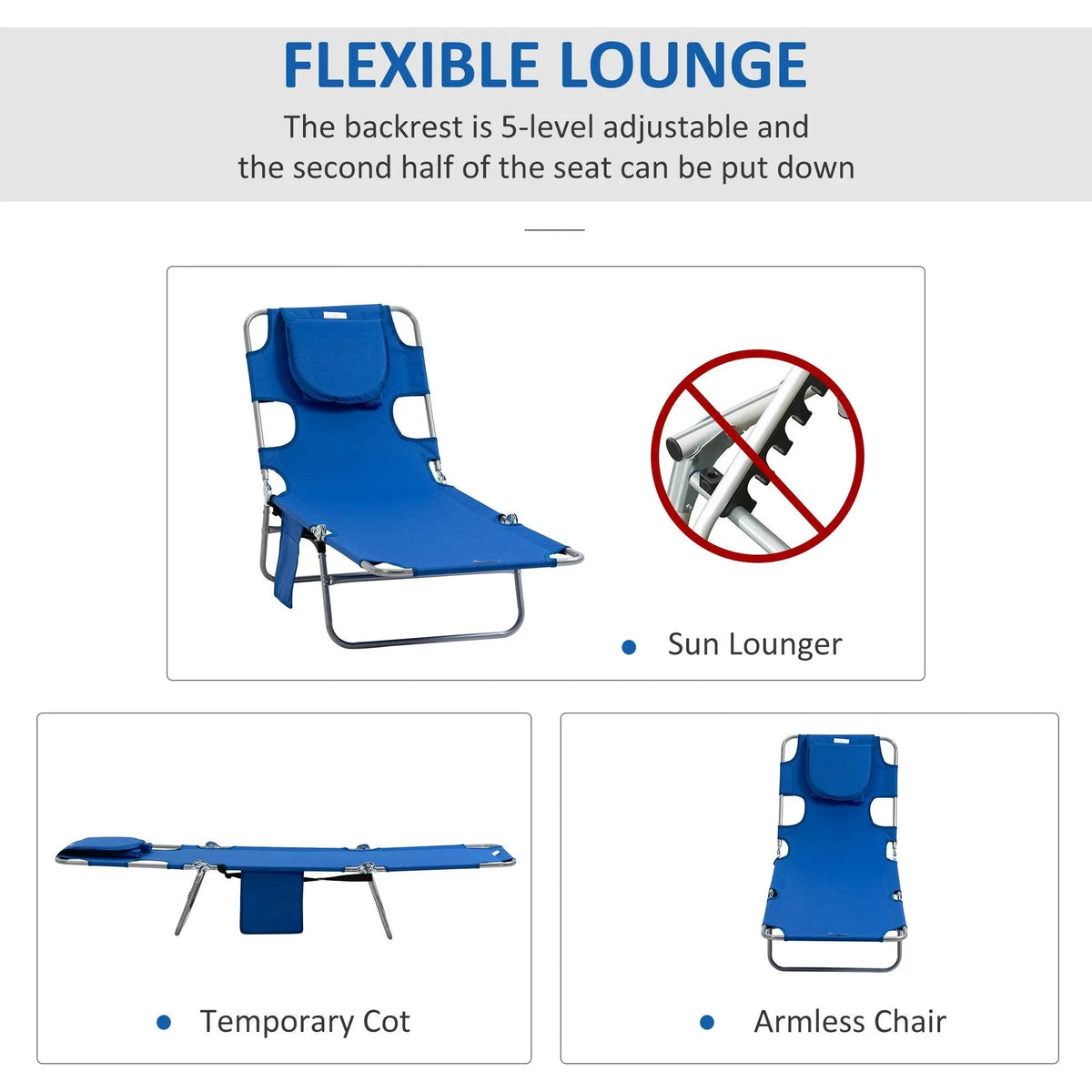 Blue flexible sun lounger with adjustable backrest and padded head area