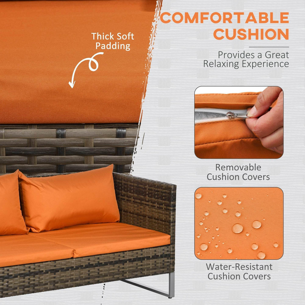 Orange outdoor seat cushion with thick padding and removable water-resistant cover