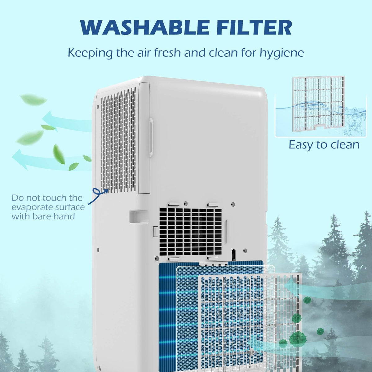 Portable air conditioner with washable filter and visible filter cartridge detail