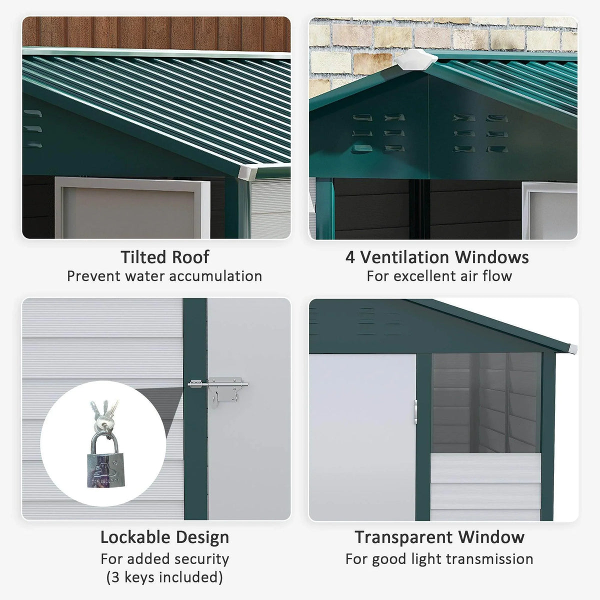 Green metal shed front details: tilted roof, four ventilation windows, lockable door