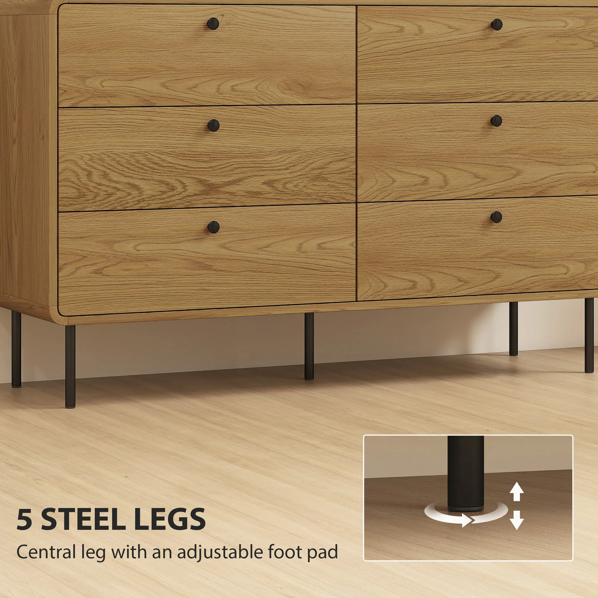 Oak-finish dresser base with five steel legs and adjustable foot pads detail