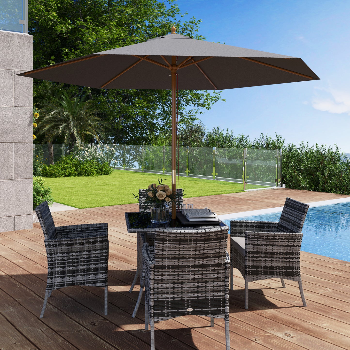 Outsunny 2.5m Wood Garden Parasol Patio Outdoor Umbrella With Vent 38mm Pole Light Grey Rope Pulley Mechanism
