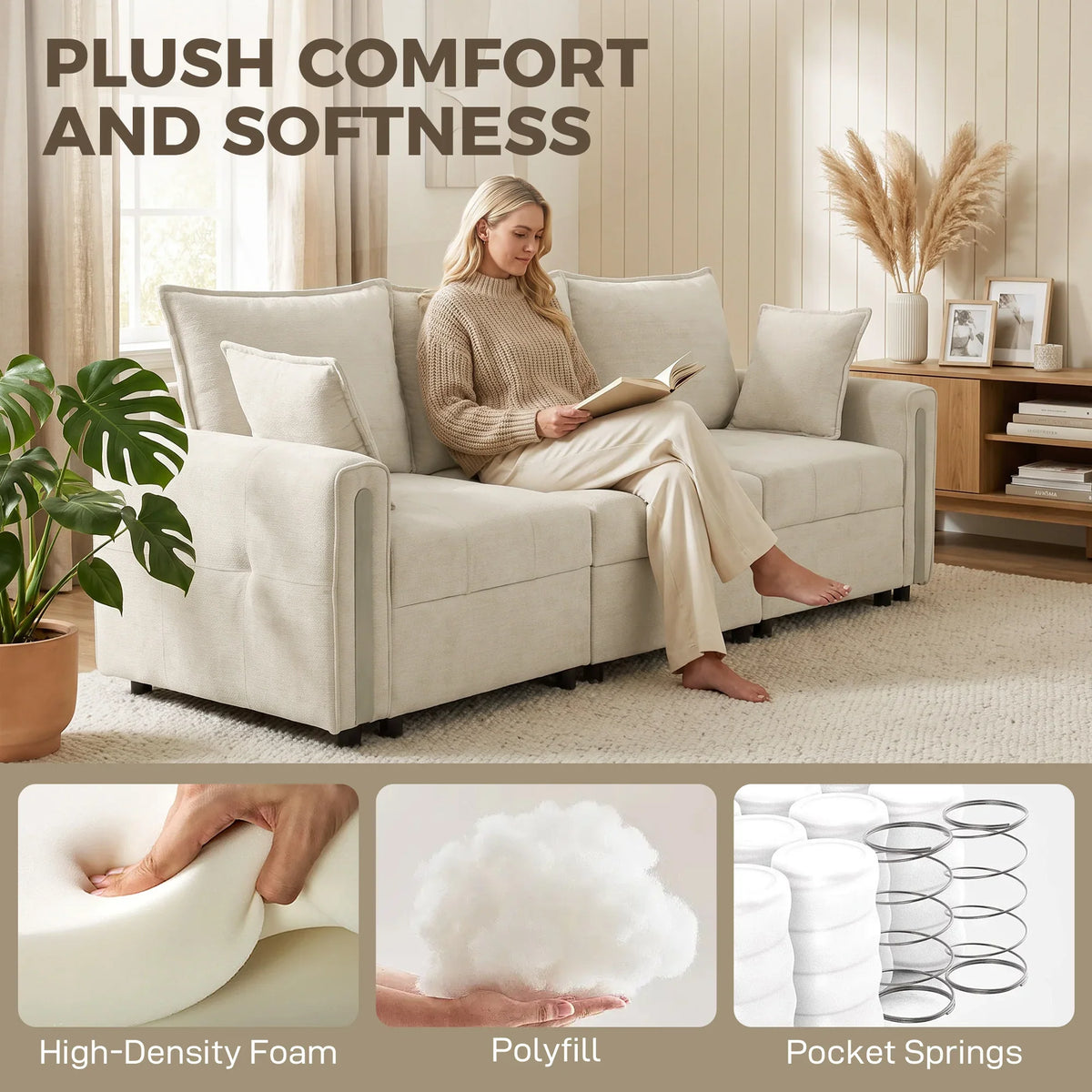 Beige velvet sofa with cushions and comfort fill features shown in panels