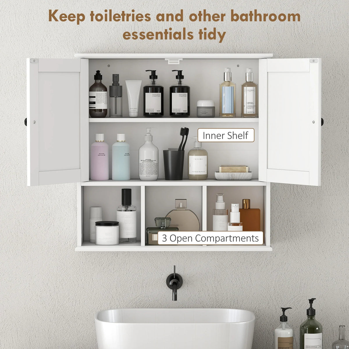 White bathroom cabinet with double doors open, holding toiletries in inner and open compartments.