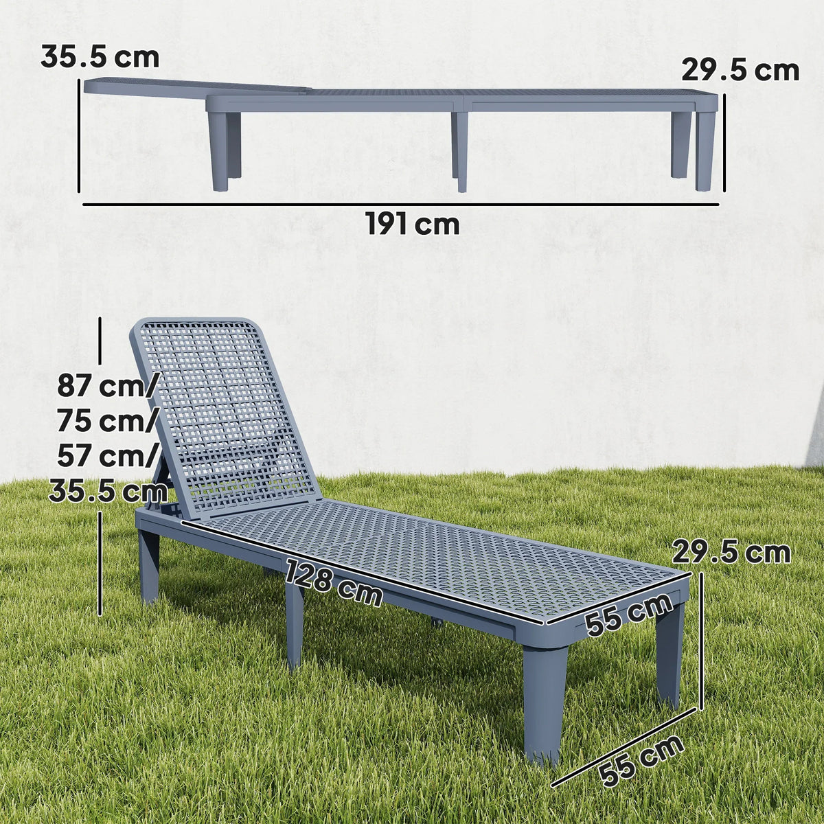 Grey 4-position adjustable garden sunbed lounger with woven mesh reclining frame