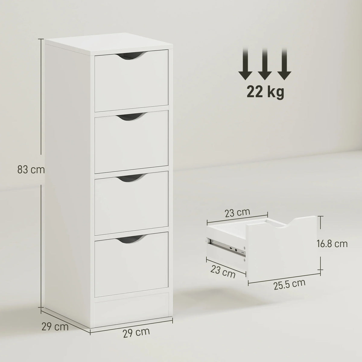 White narrow 4-drawer bathroom cabinet with groove handles and size diagram