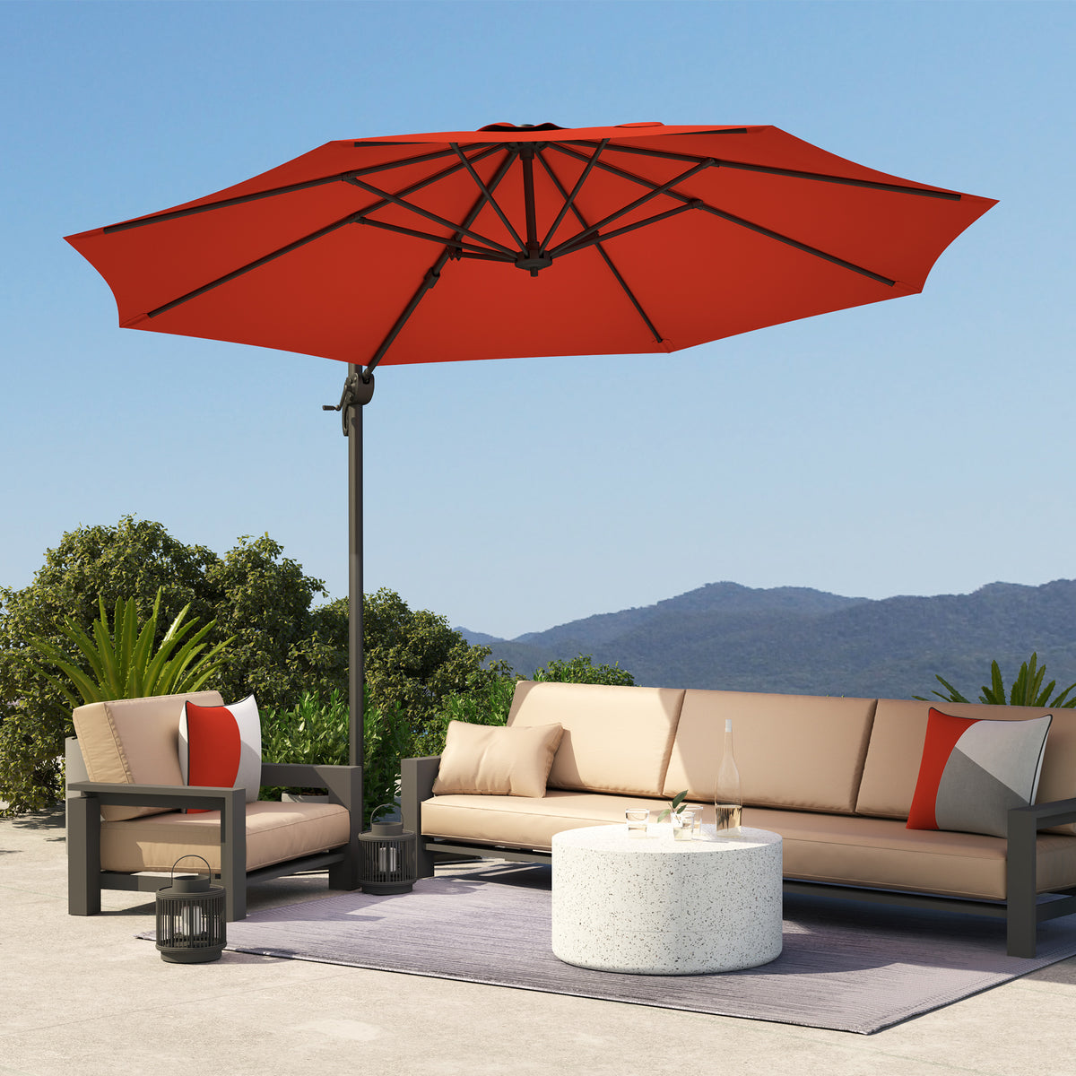 Orange cantilever patio parasol with metal rib canopy and aluminum center pole