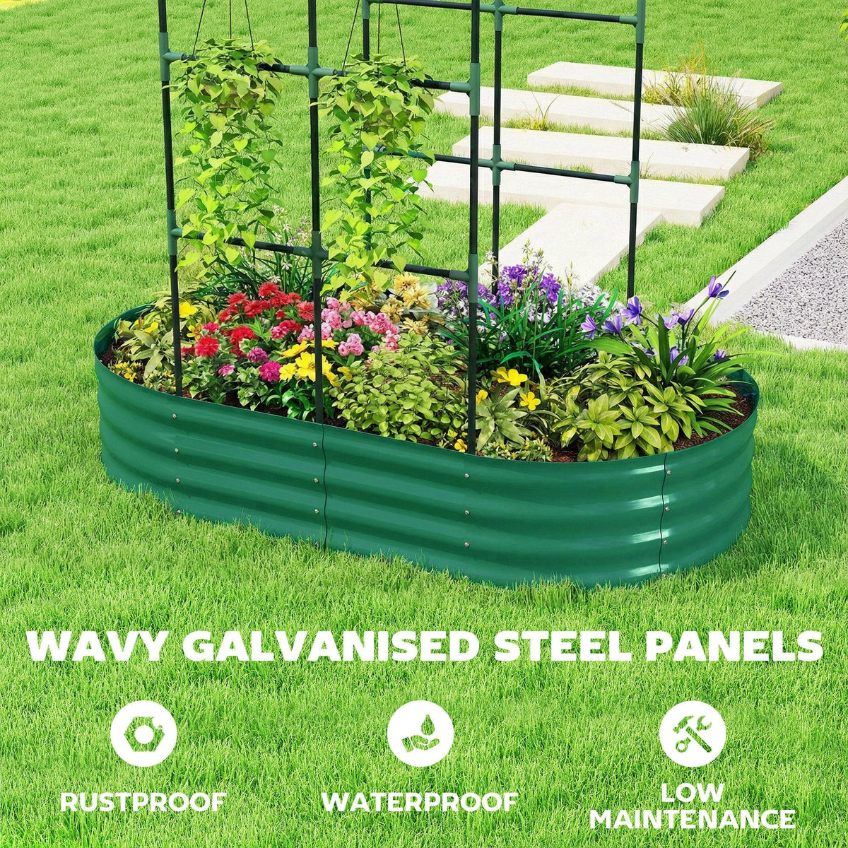 Green raised garden bed filled with colorful flowers and supported by arched trellis