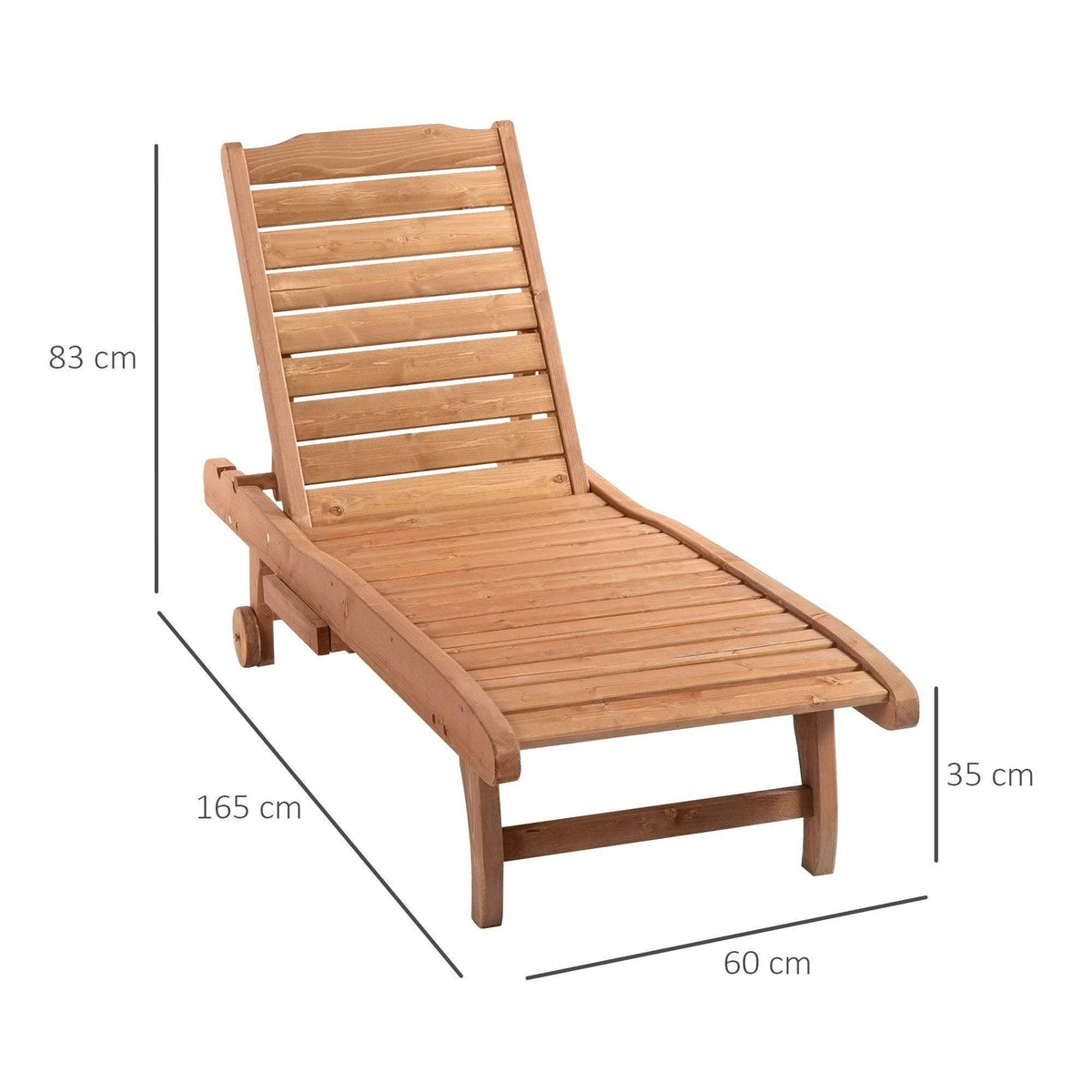 Outdoor wooden lounger chair with adjustable recline, slatted back and seat, wheels