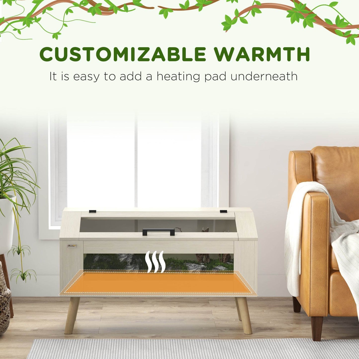 Reptile habitat with top opening and built-in space for an underbody heating pad