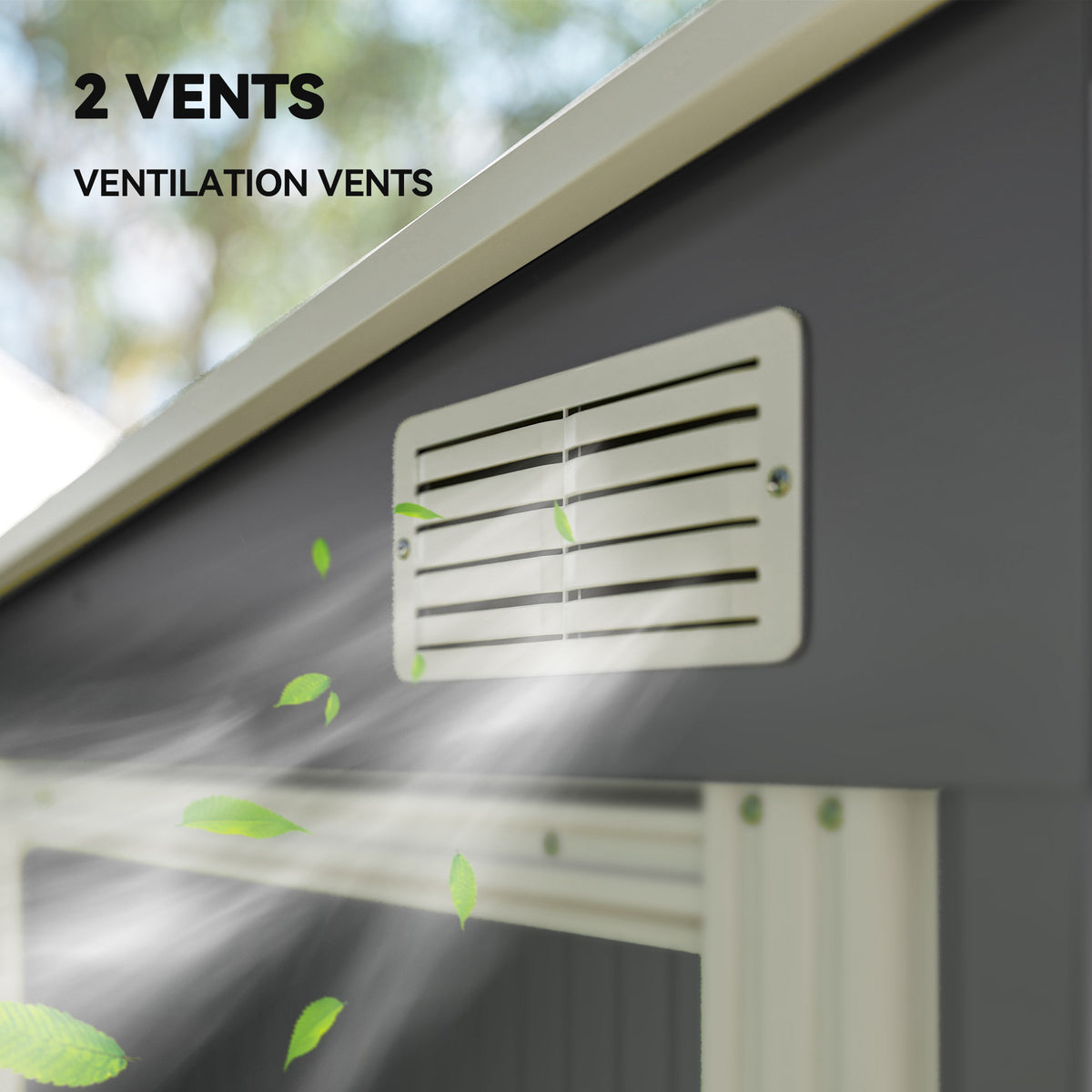 Shed side roof vents with ventilation grilles to improve airflow.