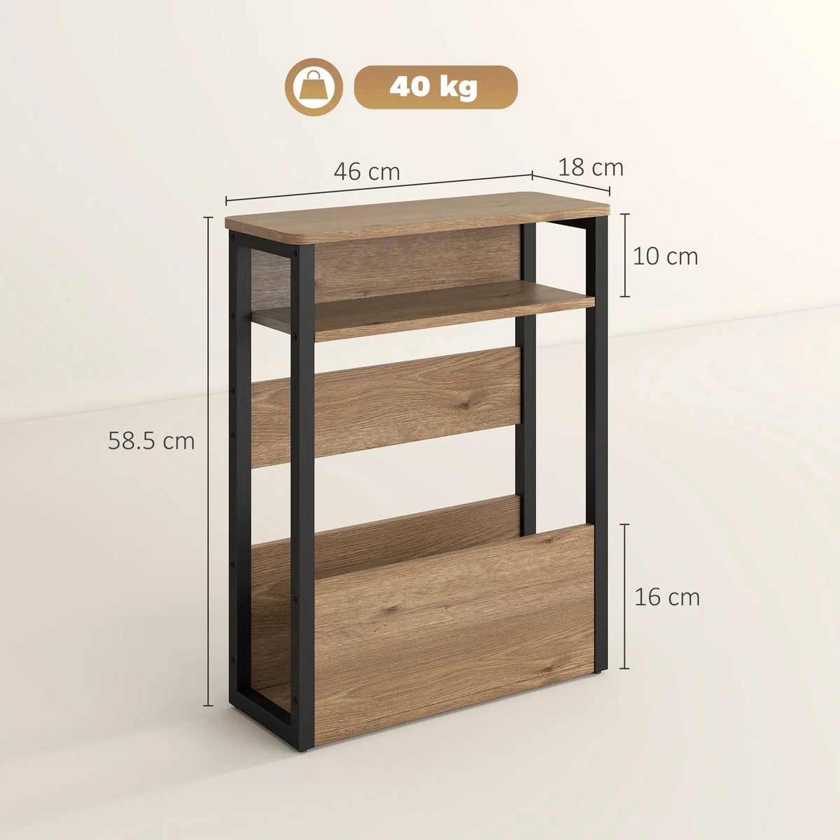 Industrial side table with two shelves, black metal frame and wood top, side view