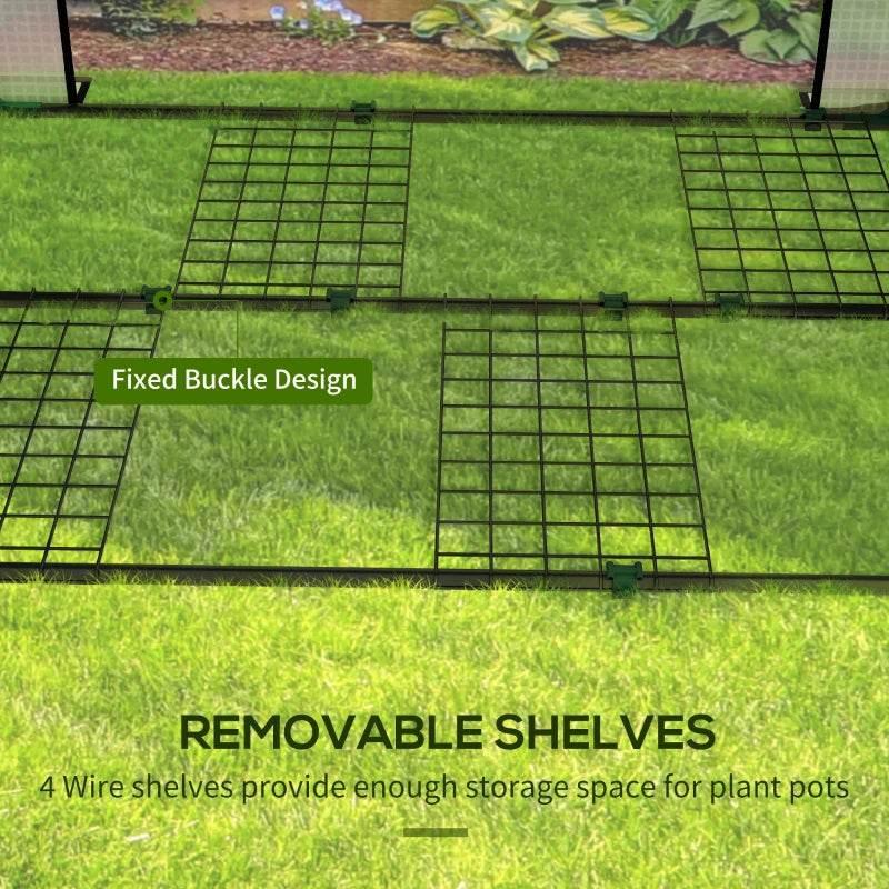 Removable wire shelves on a portable mini greenhouse base, with fixed buckle design clips