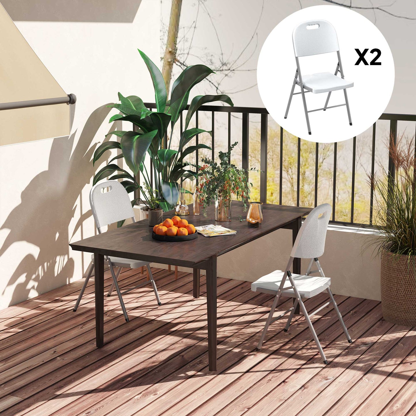 Outsunny Set Of Two Foldable Outdoor Chairs White Lightweight Powder Coated Steel Frame For Easy Carry And Storage