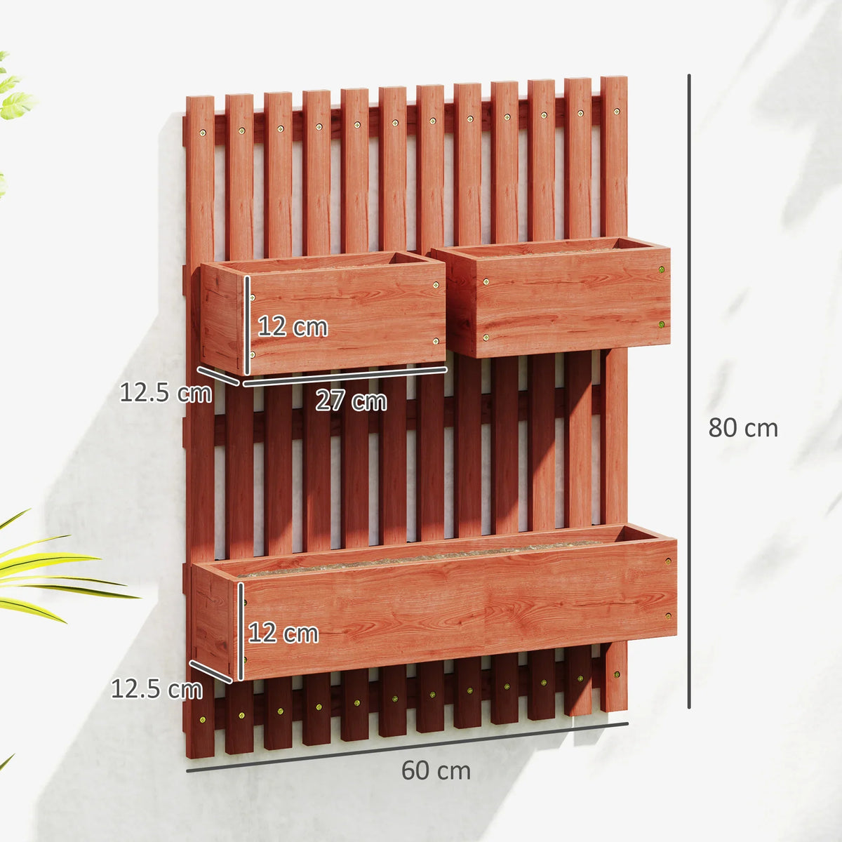 Wall-mounted wooden planter box set in brown with three compartments and size markings