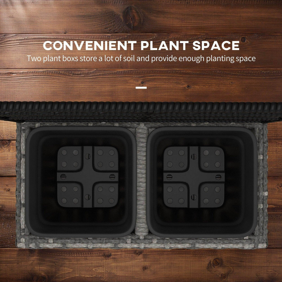 Grey rattan planter with trellis, showing two black inner plant boxes for soil