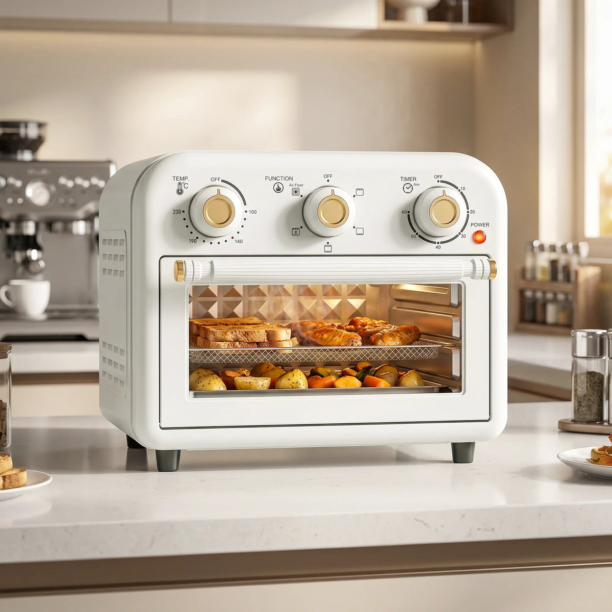 Cream HOMCOM 12L air fryer toaster oven with glass front door and open cooking chamber