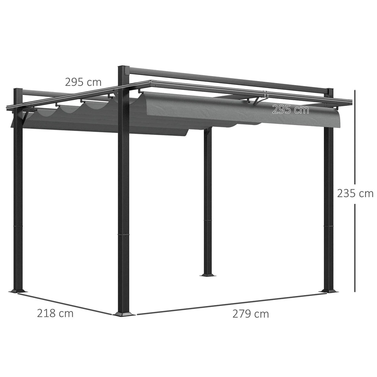 Retractable pergola with dark grey frame and gray canopy, front view size diagram