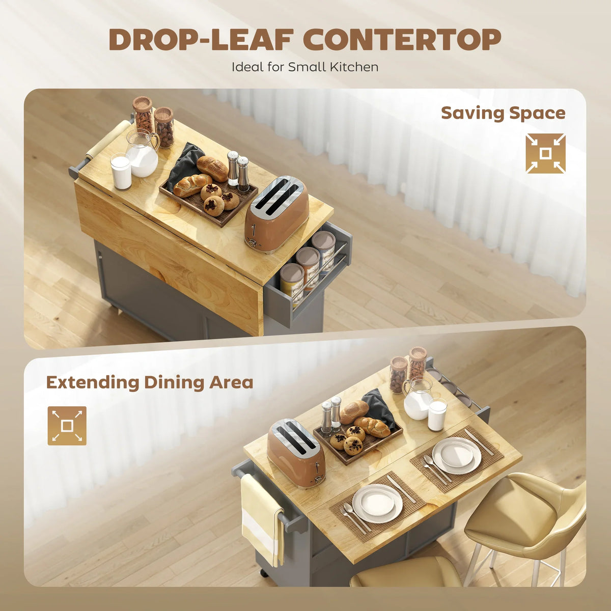 Grey kitchen island cart with extendable drop-leaf wooden countertop and side storage drawers
