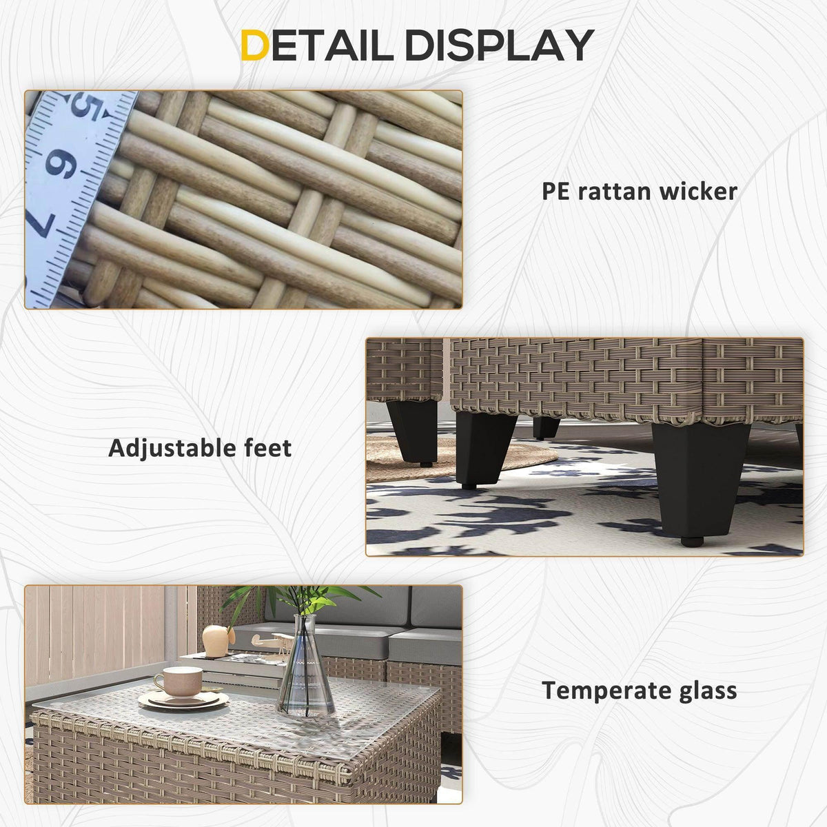 Rattan patio furniture with adjustable feet and tempered glass coffee table top