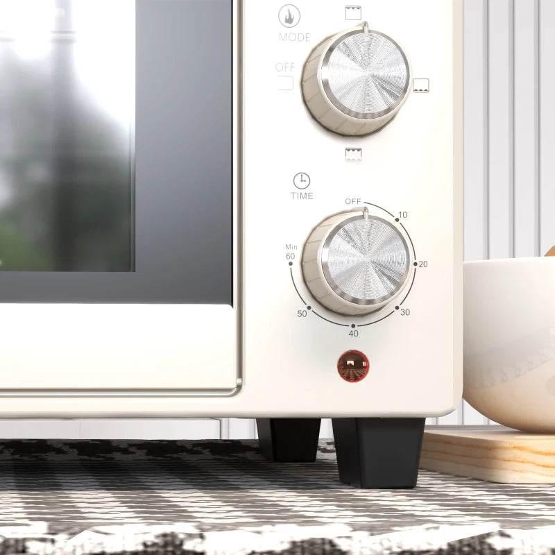 HOMCOM 21L Mini Countertop Electric Oven, 1400W Toaster Grill with Adjustable Temperature, Timer, Baking Tray, and Wire Rack - Cream - ALL4U RETAILER LTD