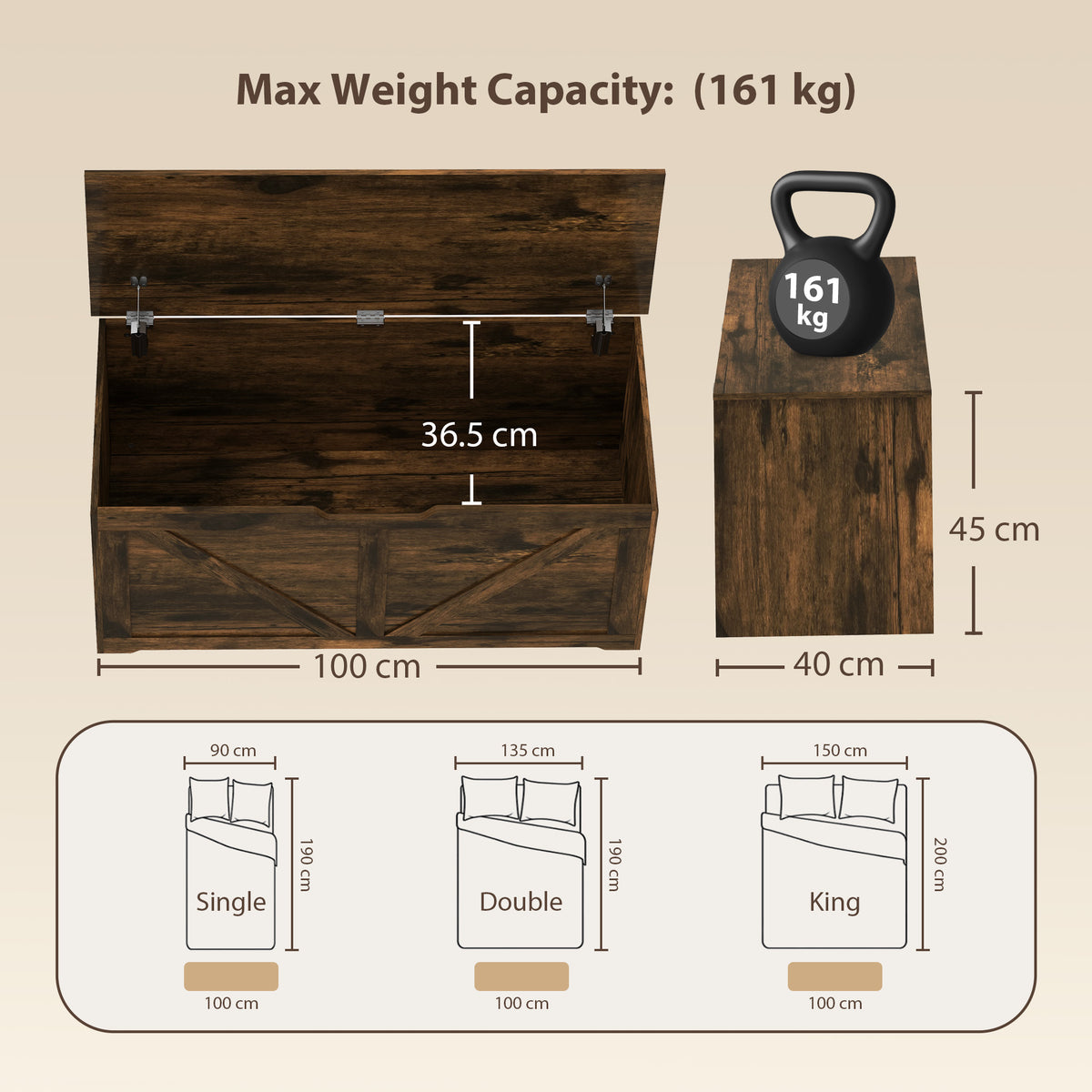 Rustic brown storage trunk bench with open lid