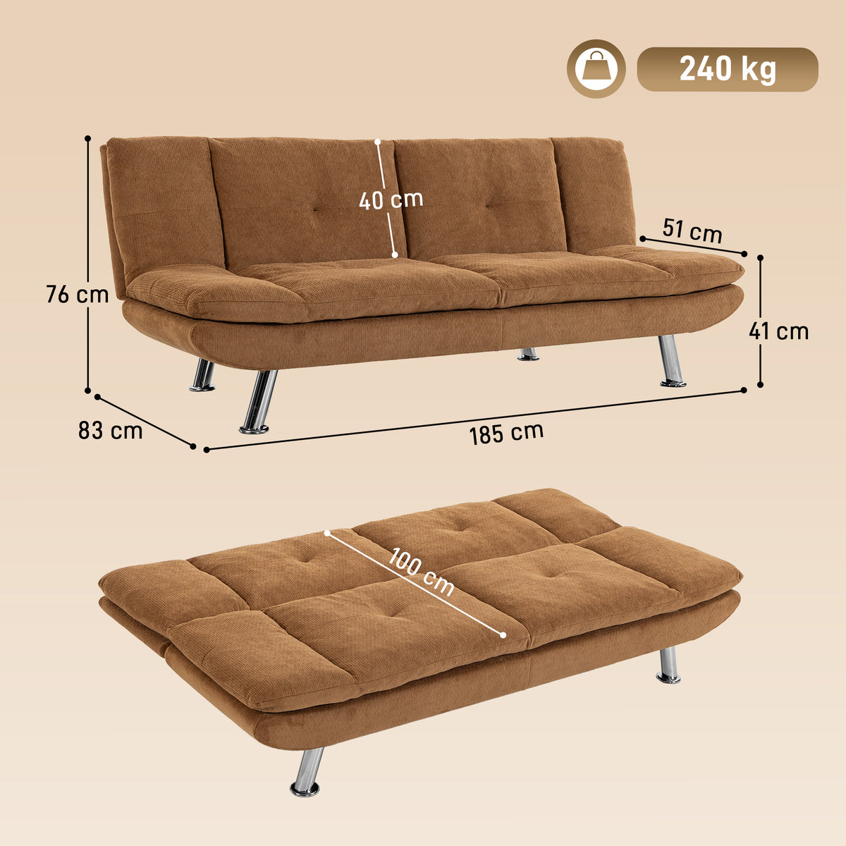 HOMCOM Convertible Sofa Bed, 3 Seater Futon Sofa with Adjustable Backrest, Wide Seat for Living Room, Small Space, Brown