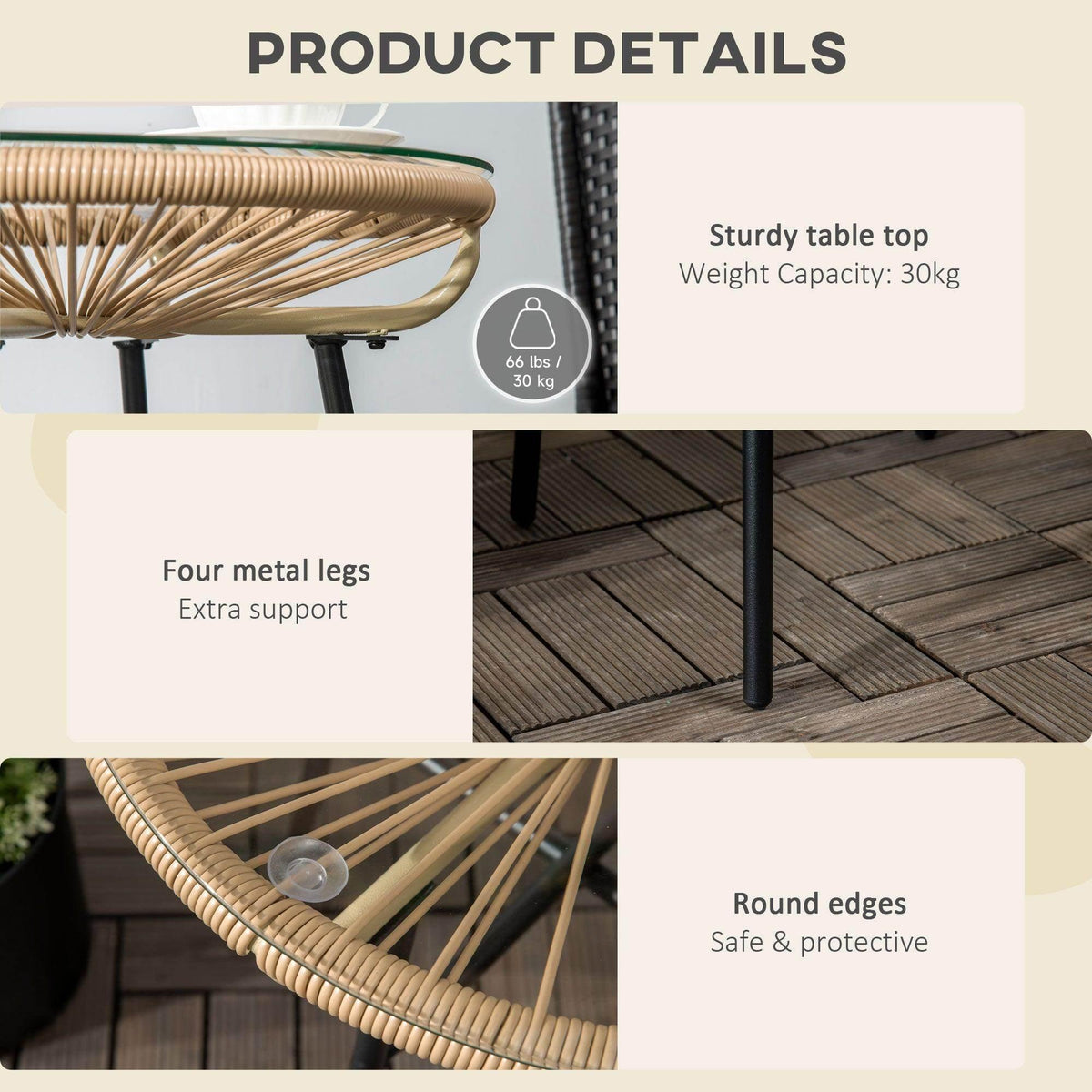 Rattan side table with sturdy metal legs, round safe edges, glass top