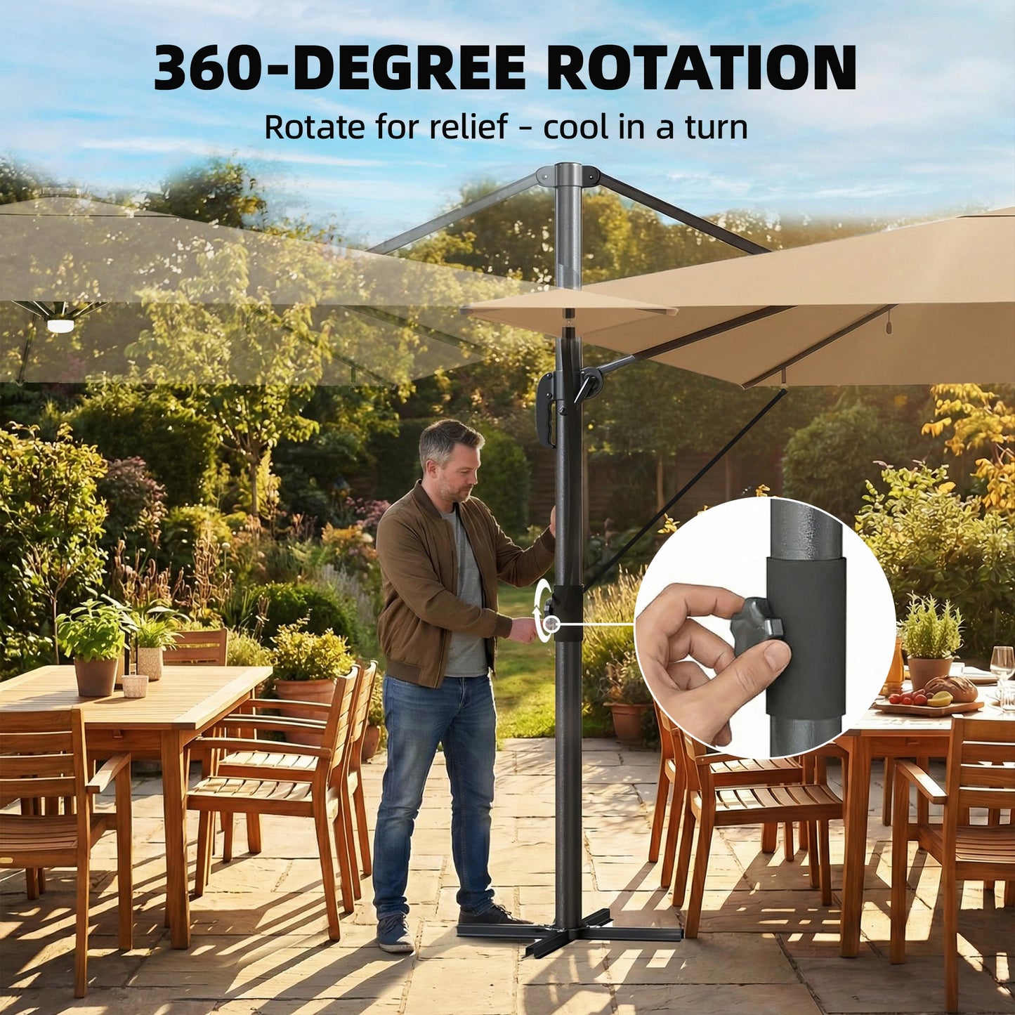 Outsunny 3 x 3 m Garden Cantilever Parasol With Light And Wind Protection 360 Degree Rotation Khaki