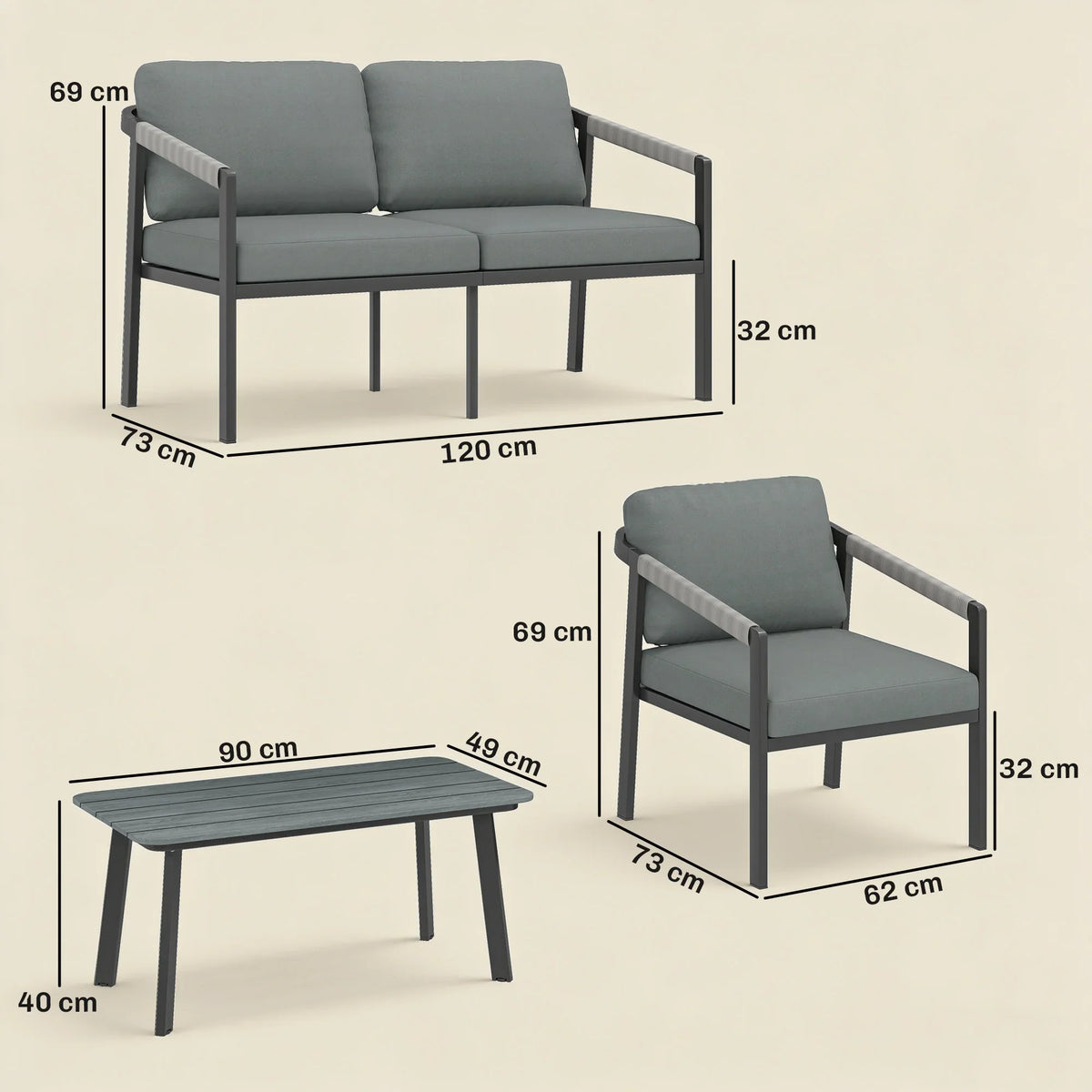 4-seater outdoor patio furniture set diagram: loveseat, armchair, and slatted table with dimensions