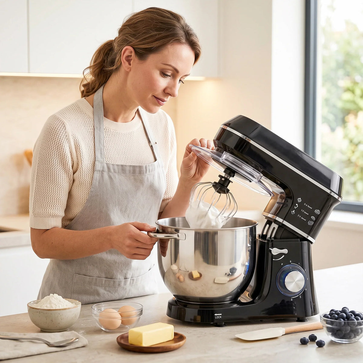Black stand mixer with stainless bowl and whisk, woman mixing batter in kitchen