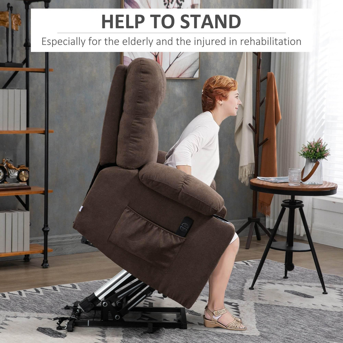 Dark brown power lift recliner chair reclined for standing assist, shown in use.