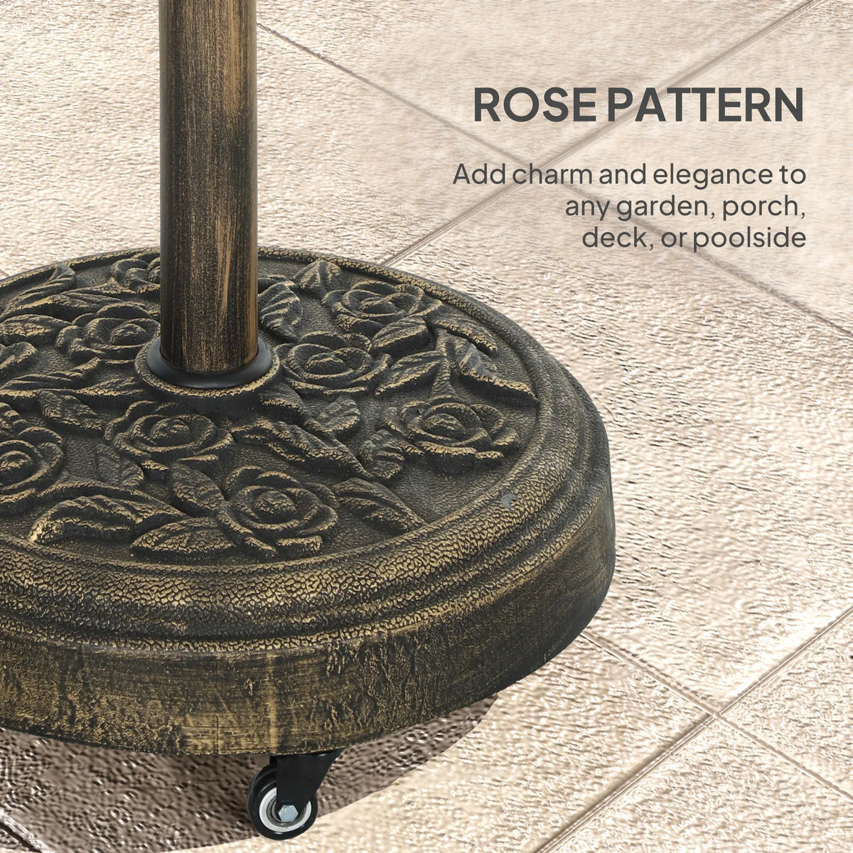 Bronze umbrella base with rose-pattern top and caster wheels