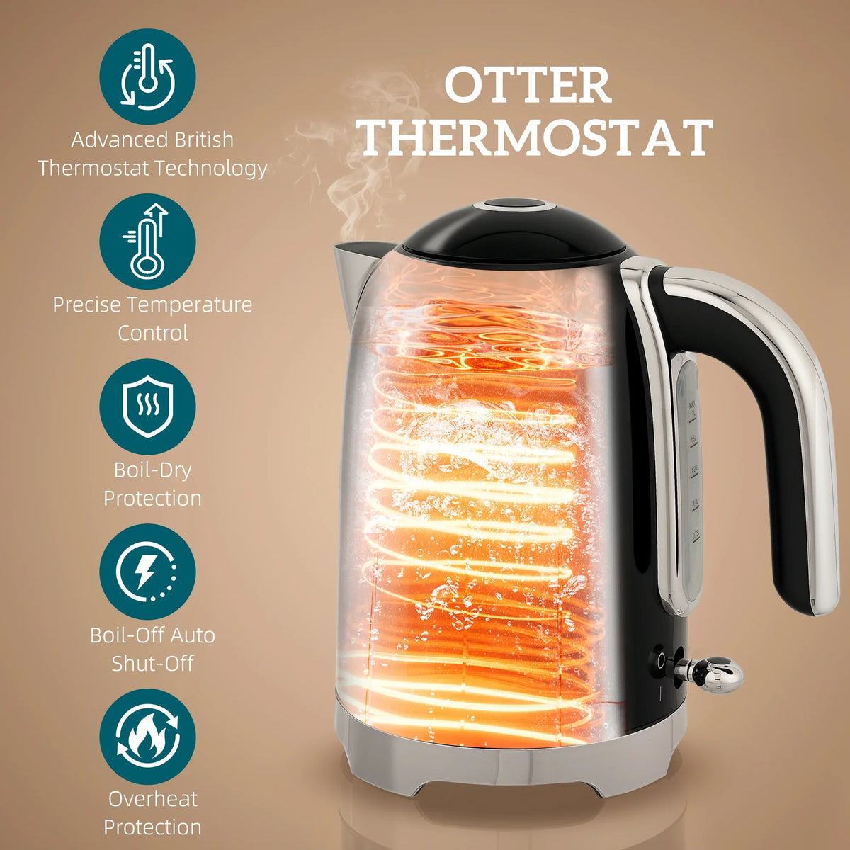 Black electric kettle with windowed heating element and handle, featuring thermostat tech