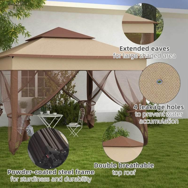 Outsunny 3 x 3m Double-Roof Pop Up Gazebo with Netting and Carry Bag - Khaki | Party Event Shelter for Outdoor Patio, Portable Garden Tent - ALL4U RETAILER LTD