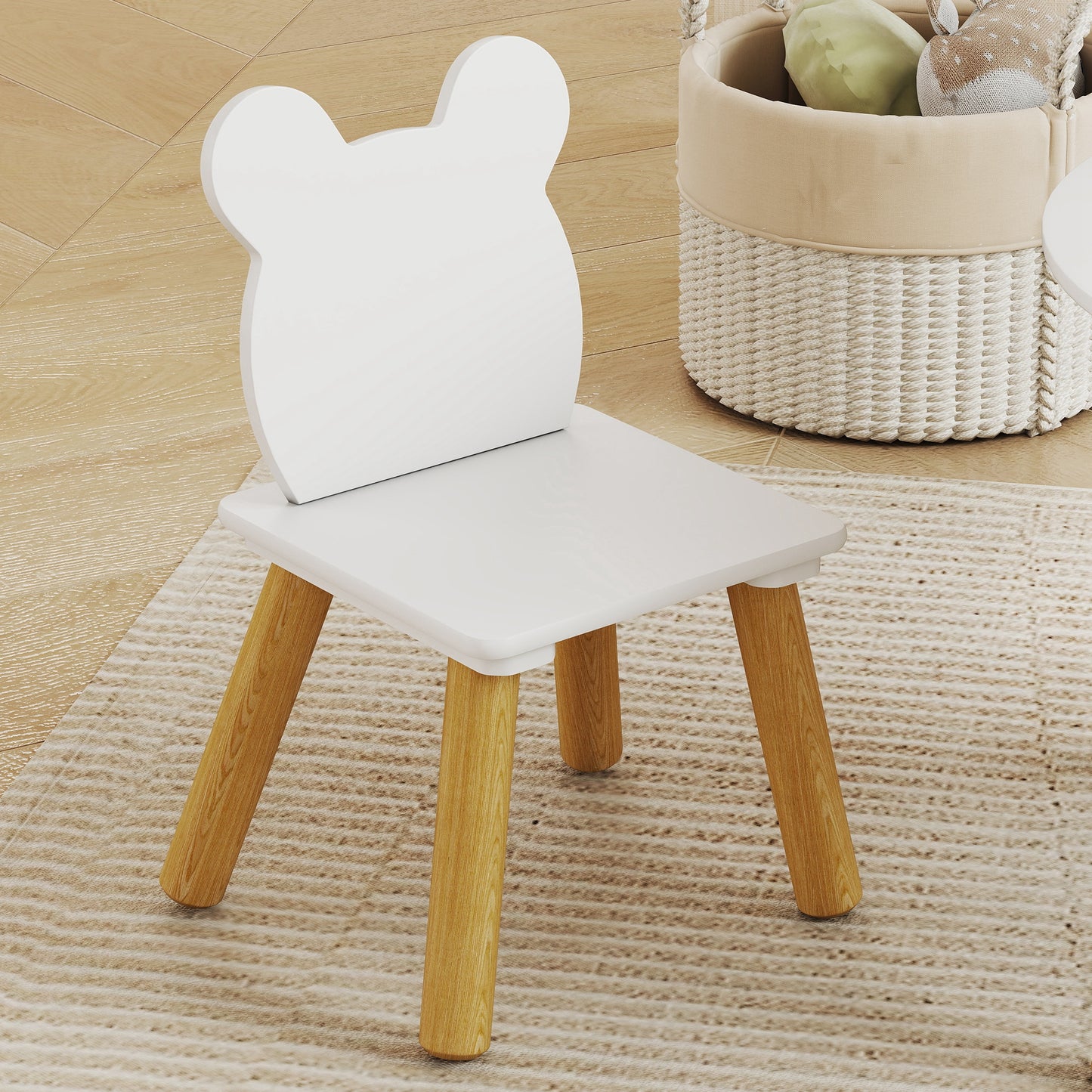 AIYAPLAY 3 Piece Kids Table And Chair Set With Mesh Bag Bear Shaped Backrest For Arts And Crafts And Reading White