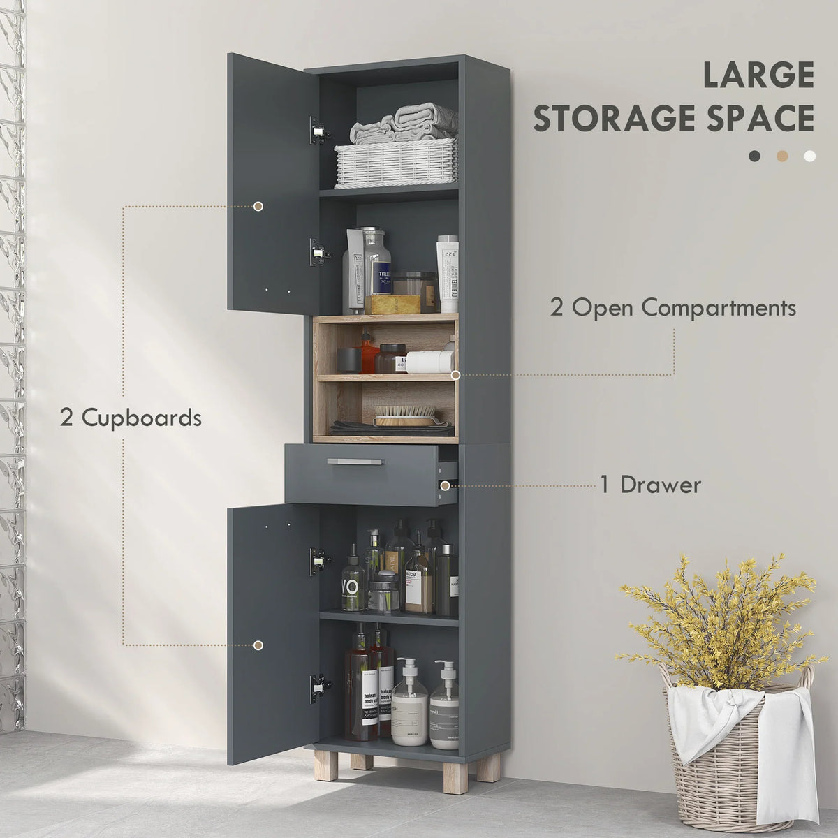 Tall matte grey bathroom storage cabinet, two open compartments and one drawer