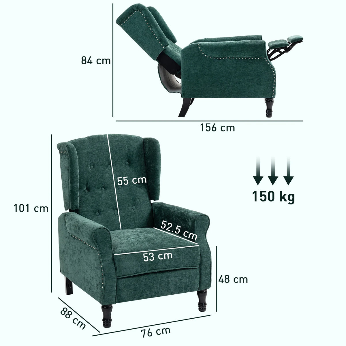 Dark green reclining armchair with tufted seat, wing back, and wooden frame legs