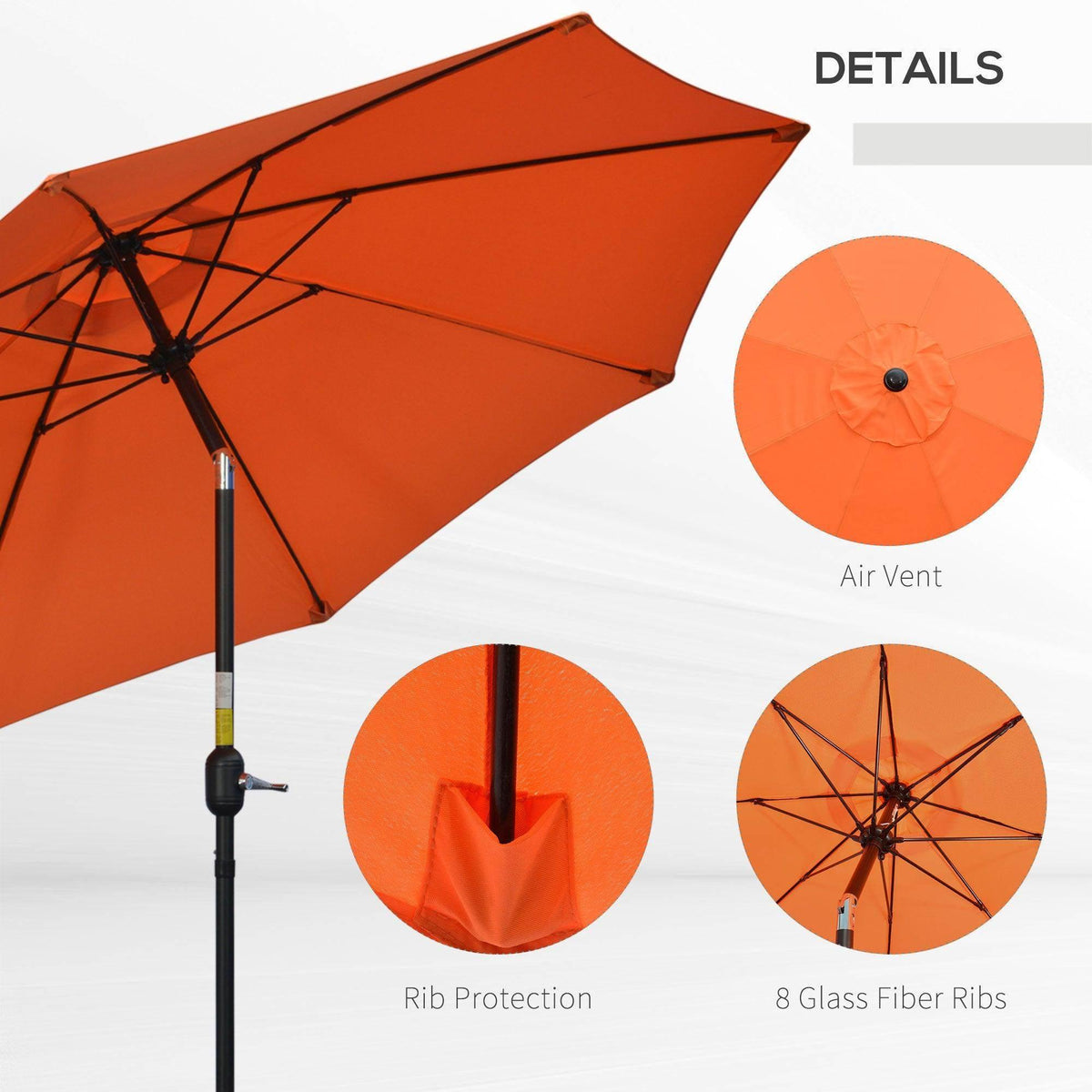 Orange patio umbrella canopy with air vent and eight glass fiber ribs