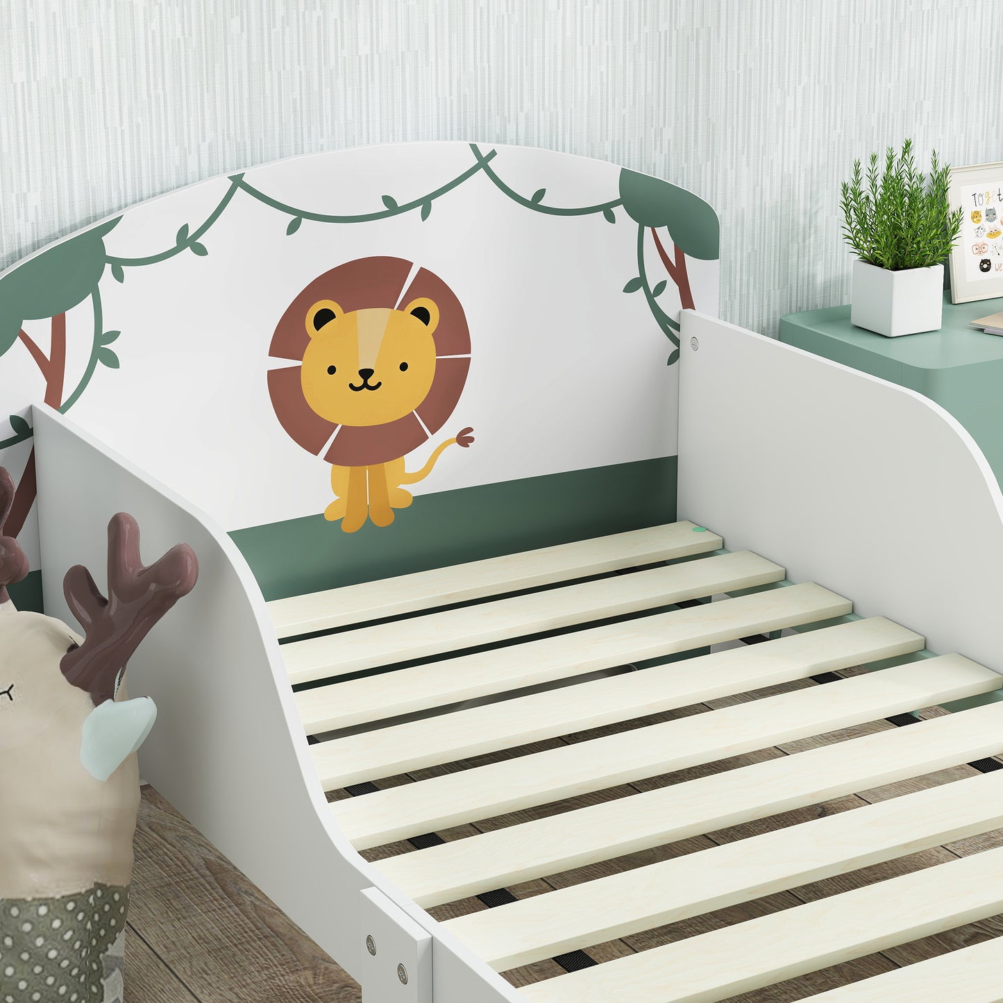 AIYAPLAY Toddler Bed With Storage And Guardrails Lion Design Fits 140 X 70cm Mattress Green Ages 3-8