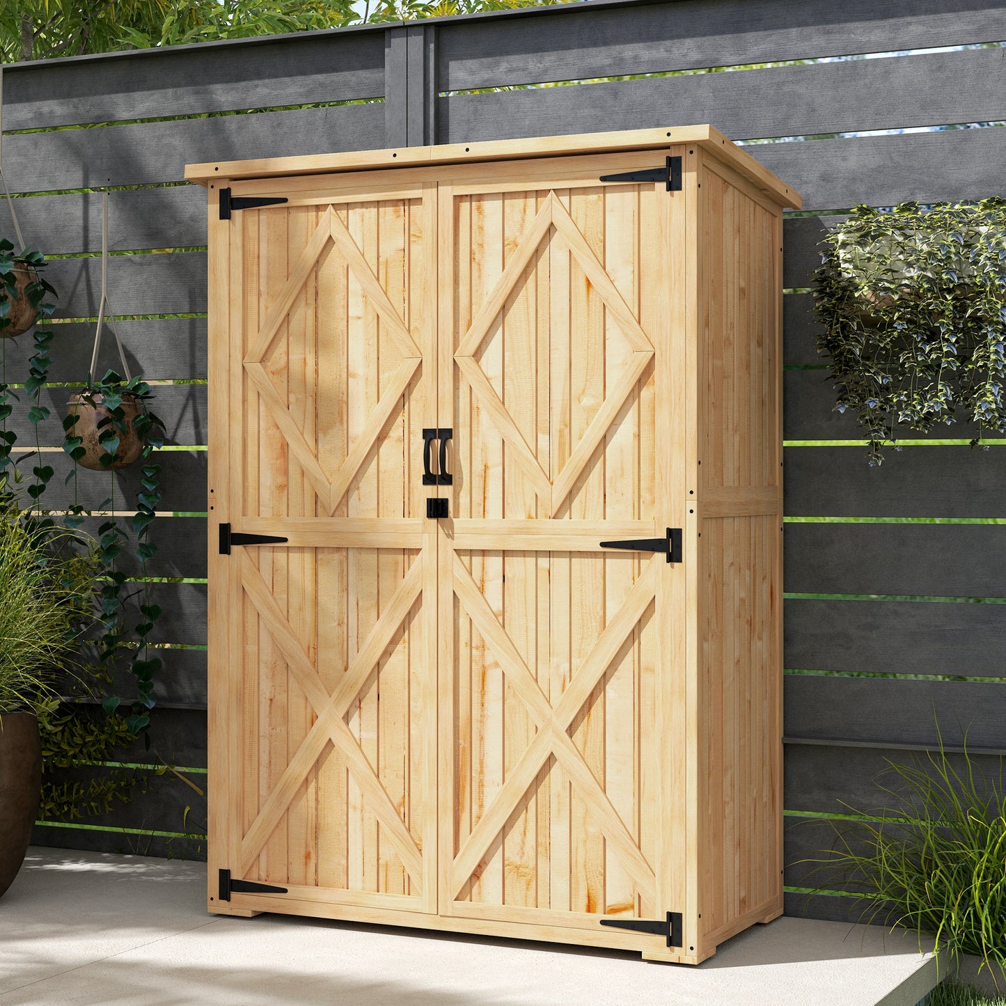 Outsunny Wooden Garden Storage Shed With Asphalt Roof Double Doors And Two Shelves For Garden Tools Equipment Natural