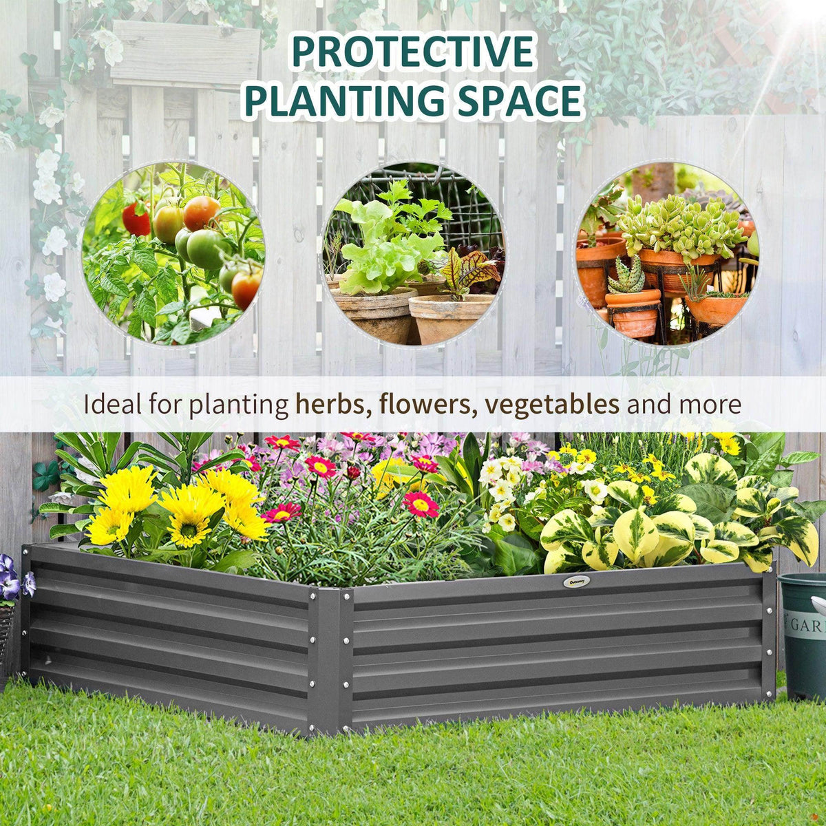 Light grey raised garden bed with open top, filled with herbs and flowers