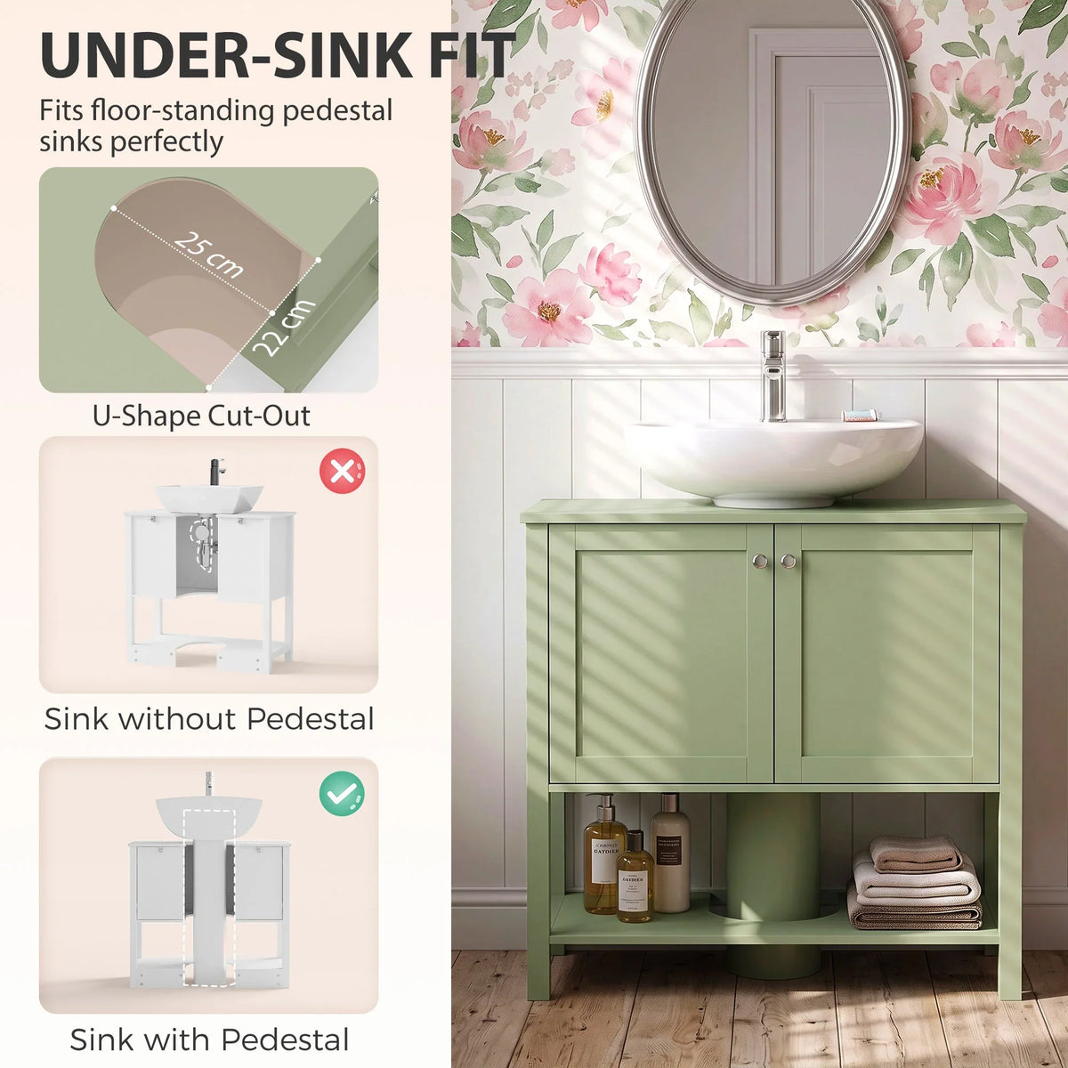 Green under-sink bathroom cabinet with two doors and U-shaped cutout, with sink top.
