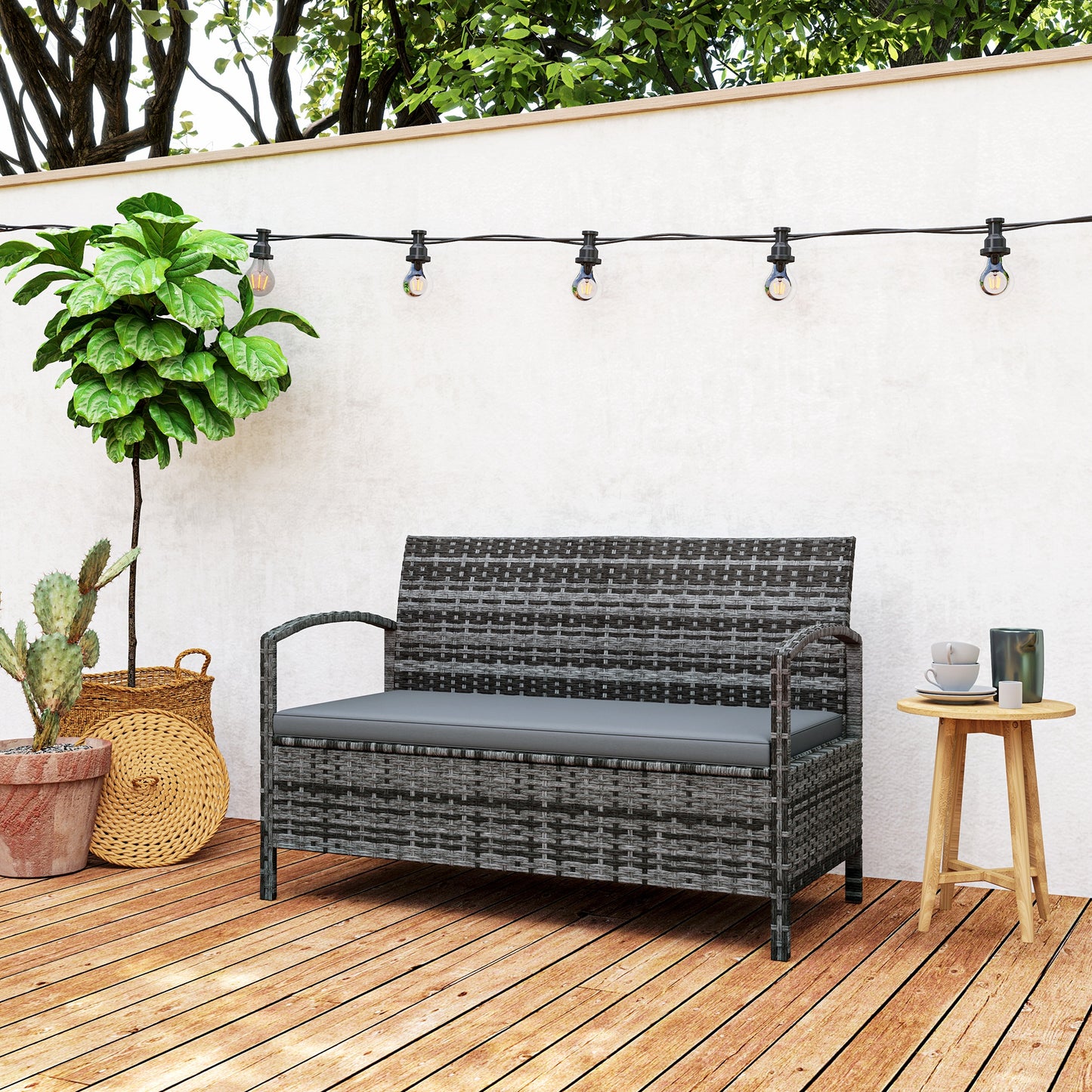Outsunny 125L Storage Garden Bench With Cushion Grey Two In One Rattan Wicker Seat And Storage Box