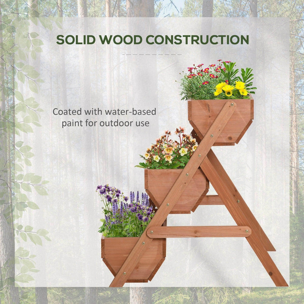 Wooden three-tier raised garden planter with water-based painted finish and angled support