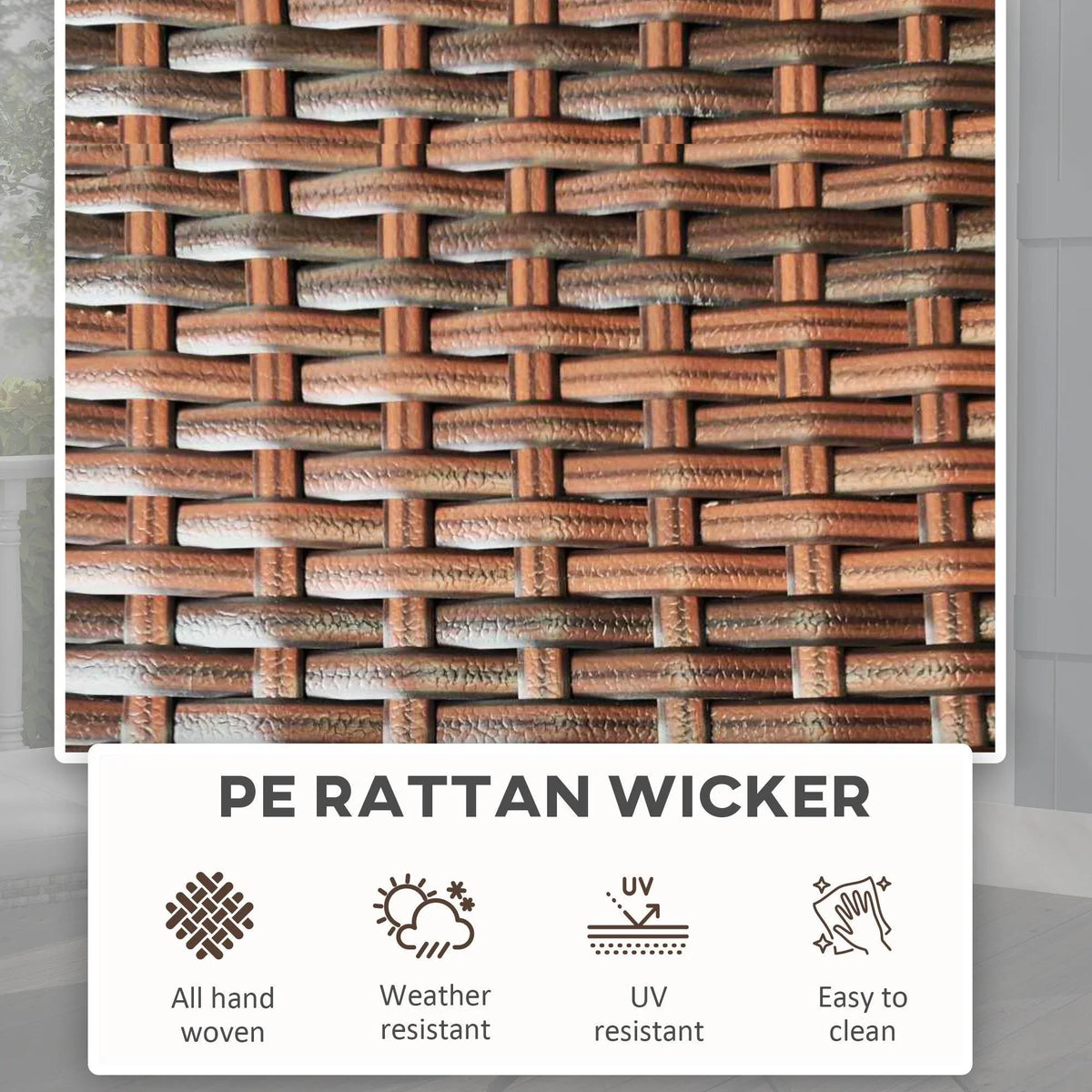 Close-up of brown rattan wicker weave pattern on outdoor side table top